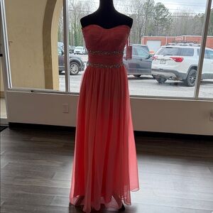 Strapless Coral Evening Gown with Beaded Waist